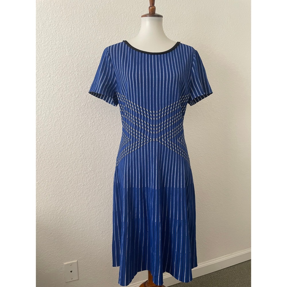 St. John Atlantis Knit Fit & Flare Dress Women 14 Striped Preppy Quiet Luxury